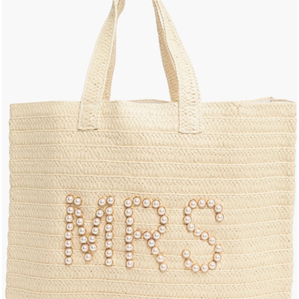 Pearl-Accent Cream Straw Tote Bag